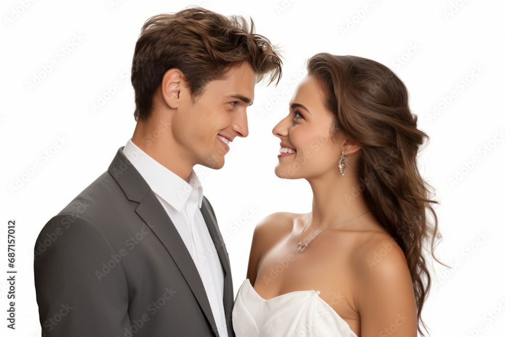 The newlywed couple, immersed in love, exchange adoring glances. Their eyes radiate warmth and affection, and joyful smiles mirror the happiness of their new family life. The newlywed couple, immersed in love, exchange adoring glances. Their eyes radiate warmth and affection, and joyful smiles mirror the happiness of their new family life.