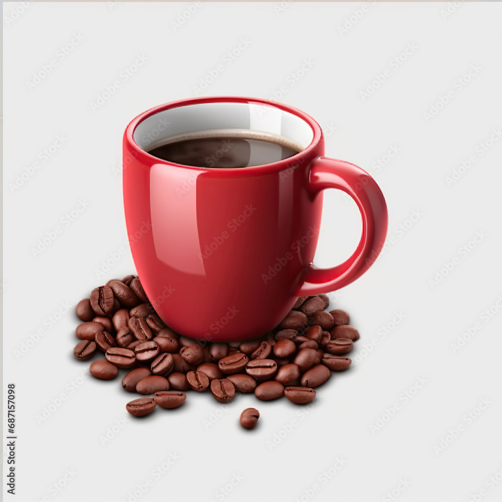 A red coffee mug with fresh roasted coffee beans for a fresh cup of coffee concept. A red coffee mug with fresh roasted coffee beans for a fresh cup of coffee concept.