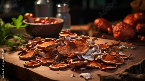 Fresh Reishi Mushrooms on Wooden Board in Kitchen photo