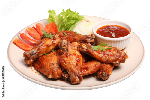 baked chicken wings in the asian style and tomatoes sauce on plate, transparent