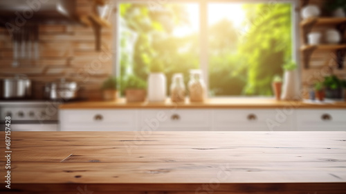 Empty wooden table with kitchen in background.