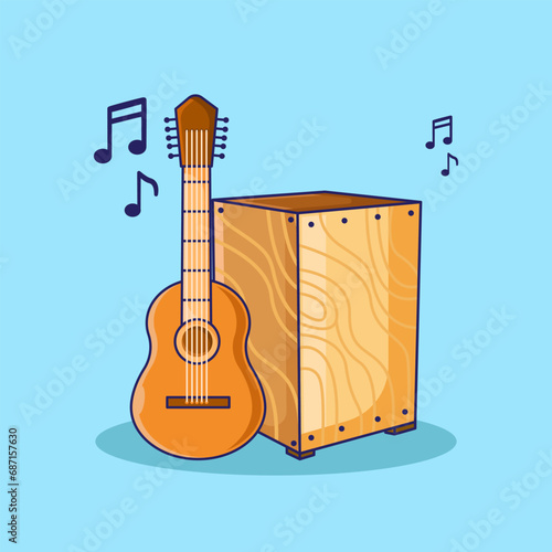 guitar Acoustic Music with Cajon Vector Icon Illustration. Flat Cartoon Style Suitable for Web Landing Page, Banner, Flyer, Sticker, Card, Background