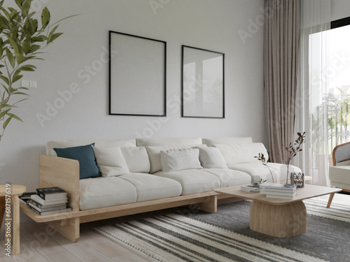 Fototapeta Mockup poster two black frame in empty picture living room interior vertical wooden floor There is a sofa in illustration 3d rendering.