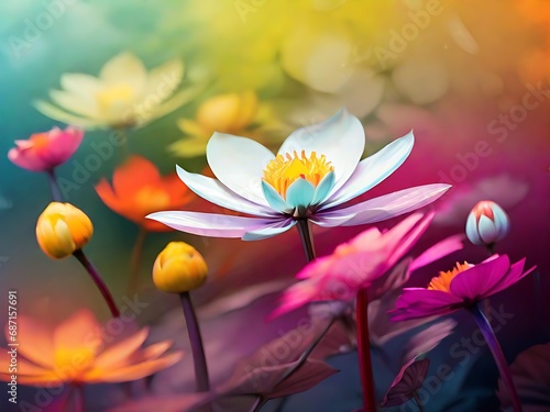 Beautiful Different Colour Flower Close Shot, Snow, Water Drop,Colour Background, Generative Ai