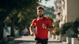Portrait of attractive young man outdoor running jogging for healthy fitness lifestyle on blurred background