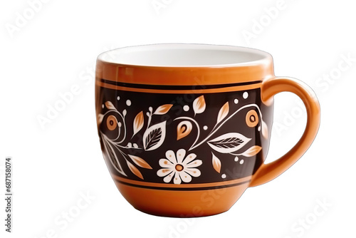 Brown ceramic coffee mug with mockup floral ornament On Transparent Background