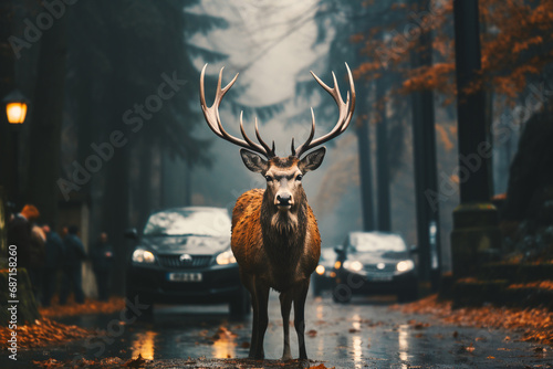 Deer on the road, danger of car accident with forest animal, rainy weather, slippery street, bad sight