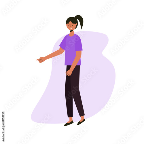 Woman pointing down illustration character. Vector art.