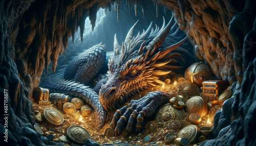 The image of a dragon nestling amidst a treasure trove in a hidden cave.