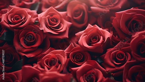 The roses are red  the background is filled with romantic flowers for Valentine s Day.