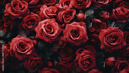 The roses are red, the background is filled with romantic flowers for Valentine's Day.