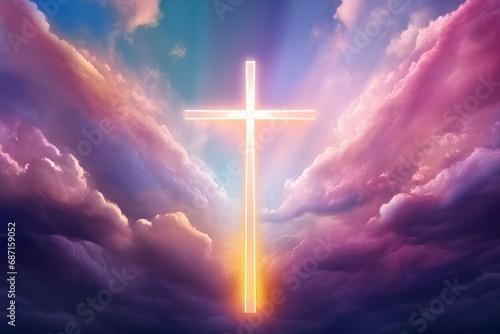 Shining cross in the sky in multicolored clouds, Christianity, religion and faith.
