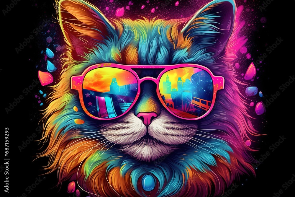 Multicolored colorful fantasy cute cat in sunglasses illustration. Ai generative.
