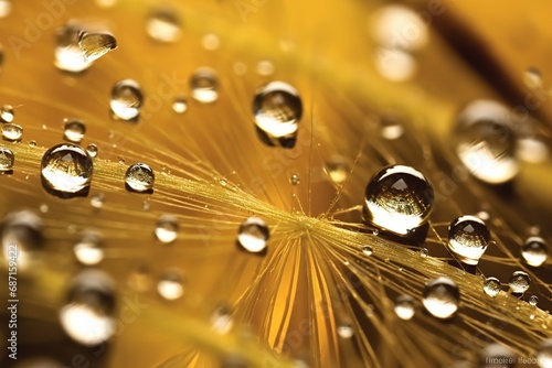 Water drops on dandelion seed macro in nature in yellow illustration. Ai generative.