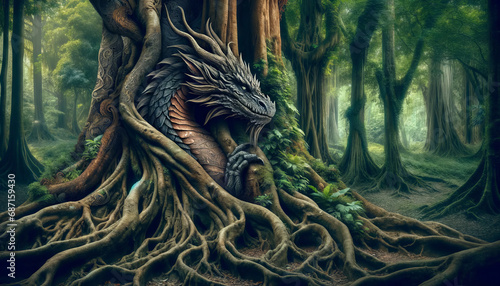 The image of a dragon intricately intertwined with the roots of an ancient tree in a mystical forest.