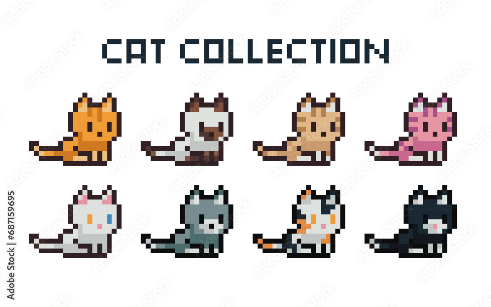 Set of many breeds of cats on white background, isolated, vector, illustration, pixel art