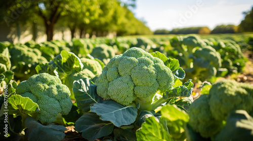 Fresh green broccoli growing in a sunlit field with trees in the background. Organic farming concept.