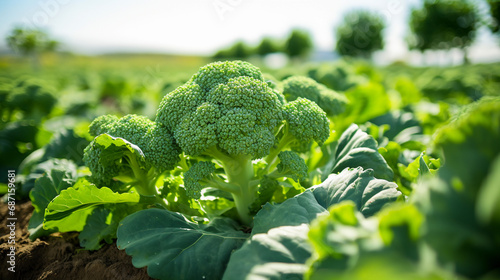 Fresh broccoli growing in a field with a blurred background on a sunny day. photo