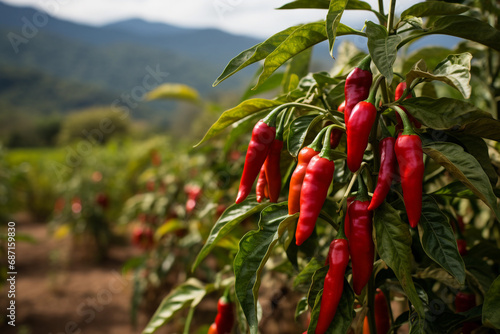 Red chili peppers growing on a plant in a field with mountains in the background.