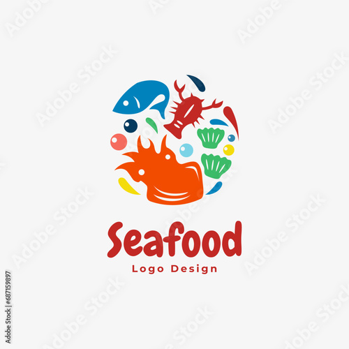 seafood logo design. consisting of squid, fish, shellfish and lobster. in colorful vector logo design