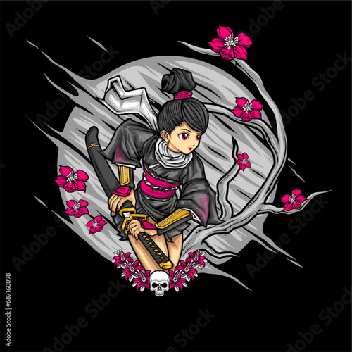 samurai girl illustration for t shirt design