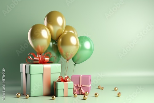 Light green background with balloons and colorful party supplies in a gold gift box, in the style of shaped canvas