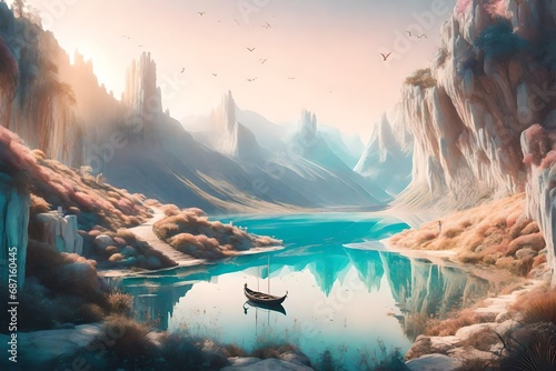 fantasy surreal landscape in pastel colours, digital art