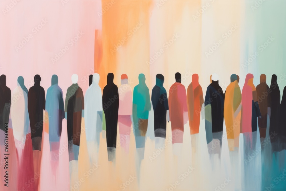 painting of many people standing together, colorful minimalist style, light pink and black, soft but bright, light orange and turquoise