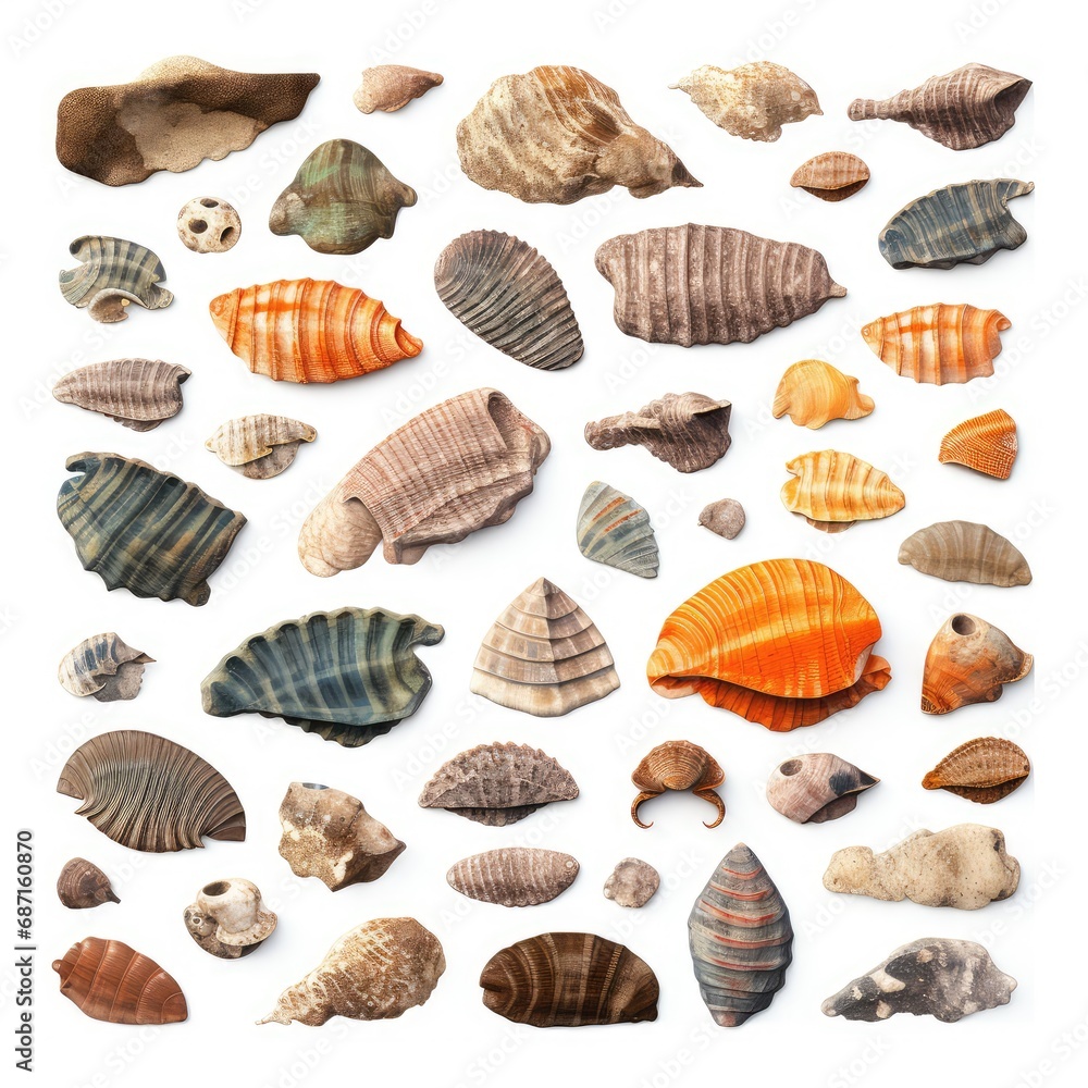 Fossils Set, Archeologic Fossil Dig Collection Isolated, Fossilized Prints of Prehistoric Plants and Animals