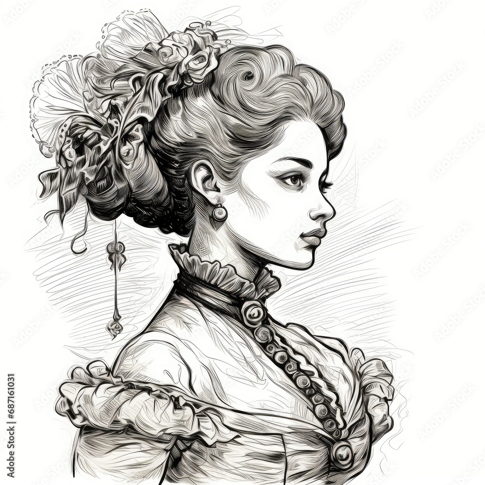 Fototapeta premium Young Lady Ink Portrait, Vintage Woman in a Hat Sketch, Victorian Girl Hand Drawn, Elegant Engraving