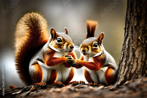 **A couple of squirrels sharing an acom -- photo