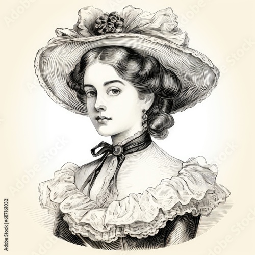 Young Lady Ink Portrait, Vintage Woman in a Hat Sketch, Victorian Girl Hand Drawn, Elegant Engraving