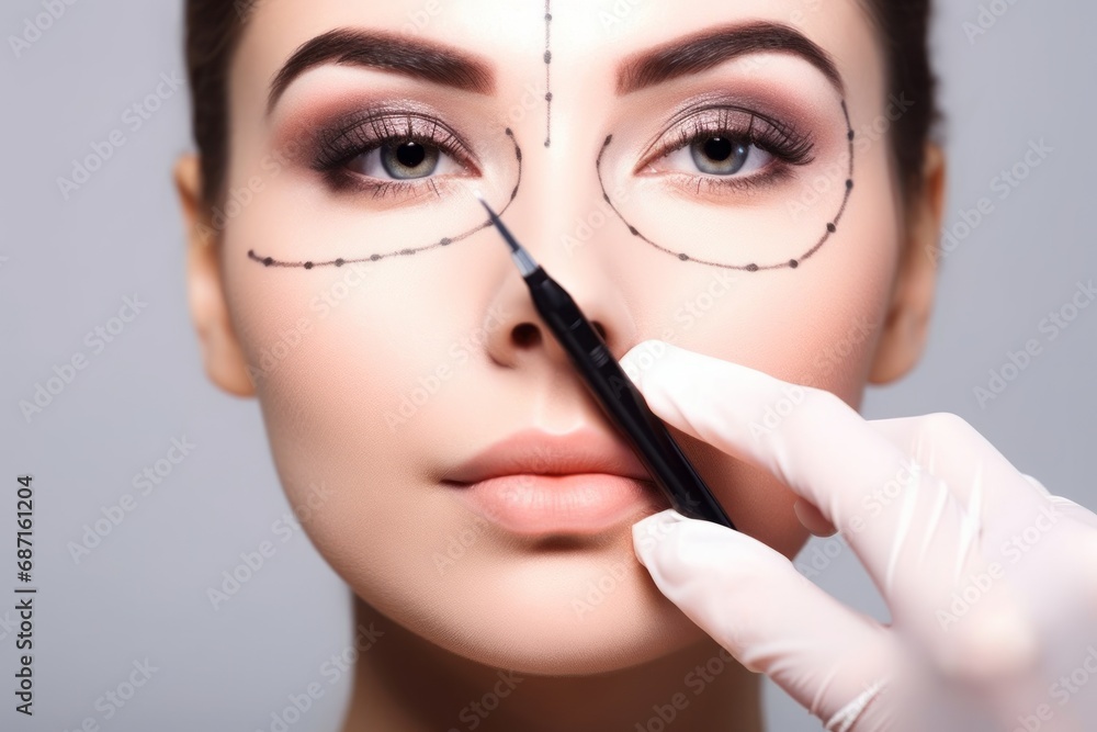 A young woman with black marker lines on her face, preparing for plastic surgery. The image reflects the preoperative stage, highlighting the planning and precision involved in cosmetic procedures.