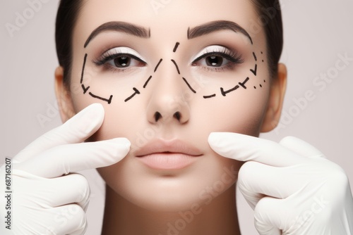 A young woman with black marker lines on her face, preparing for plastic surgery. The image reflects the preoperative stage, highlighting the planning and precision involved in cosmetic procedures. photo