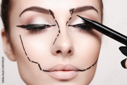 A young woman with black marker lines on her face, preparing for plastic surgery. The image reflects the preoperative stage, highlighting the planning and precision involved in cosmetic procedures.