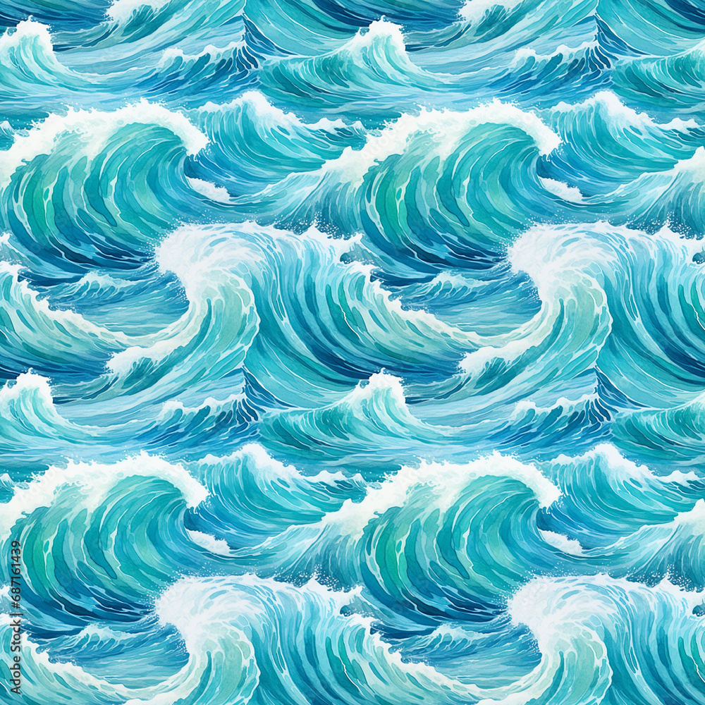 Obraz premium Sea Wave Seamless Pattern, Watercolor Background, Aquarelle Tsunami Tile, Watercolor Surfing Banner