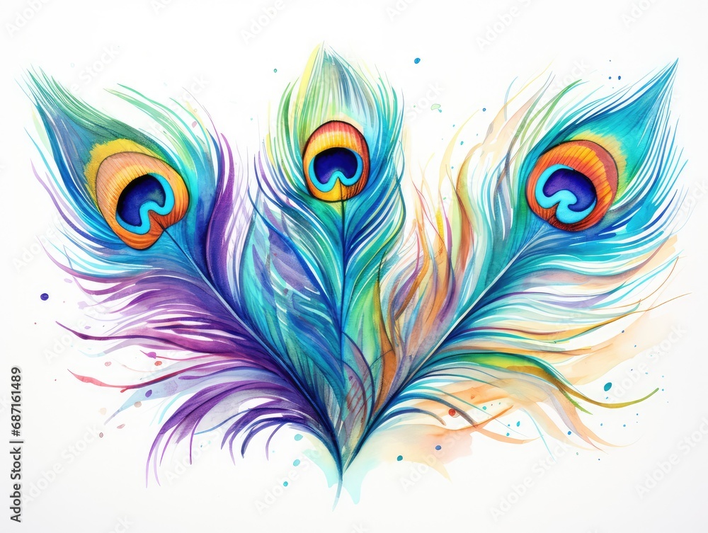 Obraz premium Watercolor Peacock Feather Isolated, Aquarelle Plumage, Creative Watercolor Exotic Feather Texture