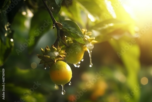 passion fruit on tree with blurred background and sunlight. generative ai © LivroomStudio