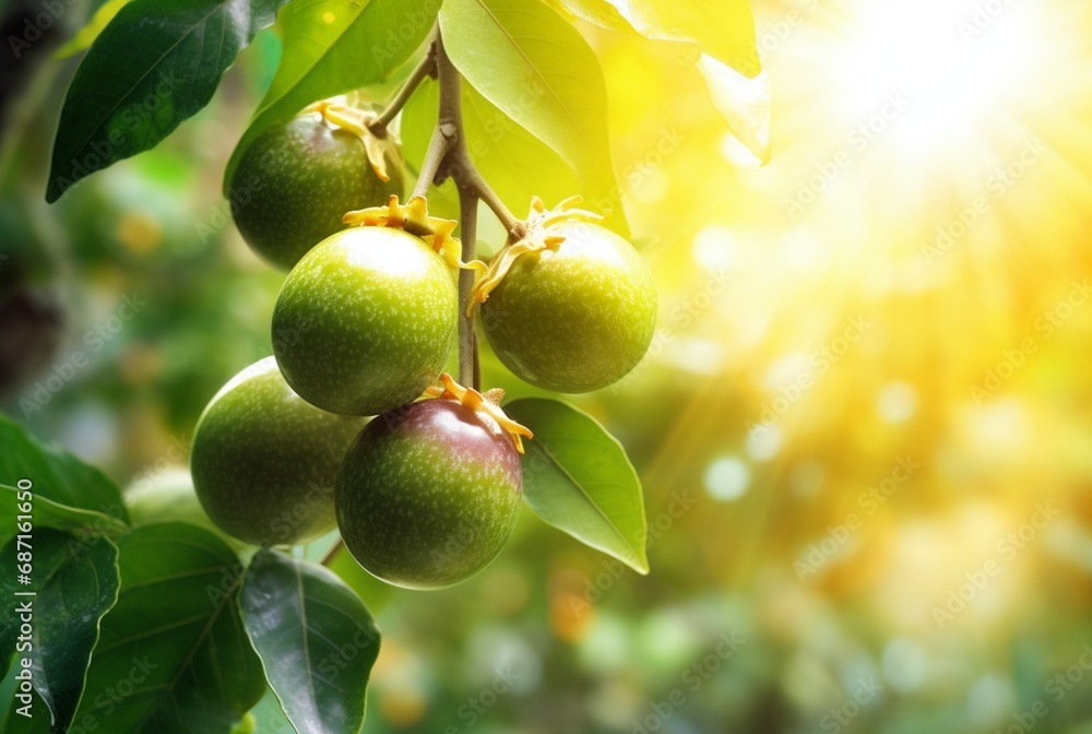 passion fruit on tree with blurred background and sunlight. generative ai passion fruit on tree with blurred background and sunlight. generative ai