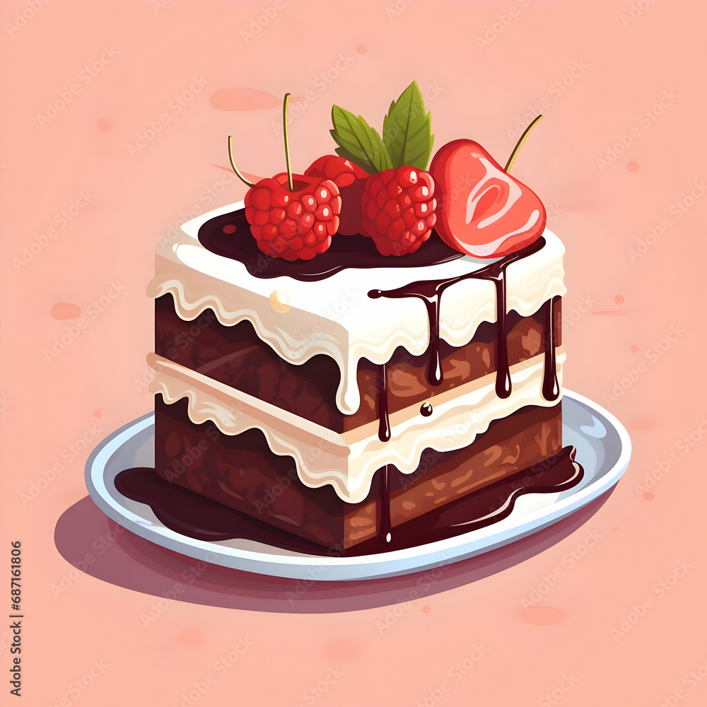 Flat illustration of chocolate cake with red berries. High quality Flat illustration of chocolate cake with red berries. High quality