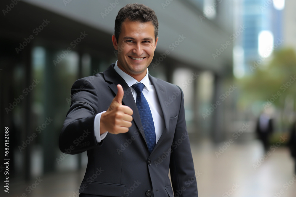 Confident businessman giving a thumbs up outside a modern office building. Confident businessman giving a thumbs up outside a modern office building.