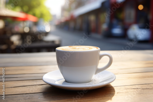 A delicious cup of milky coffee made of white porcelain, placed on a wooden table, behind a blurred background is a small path with natural light