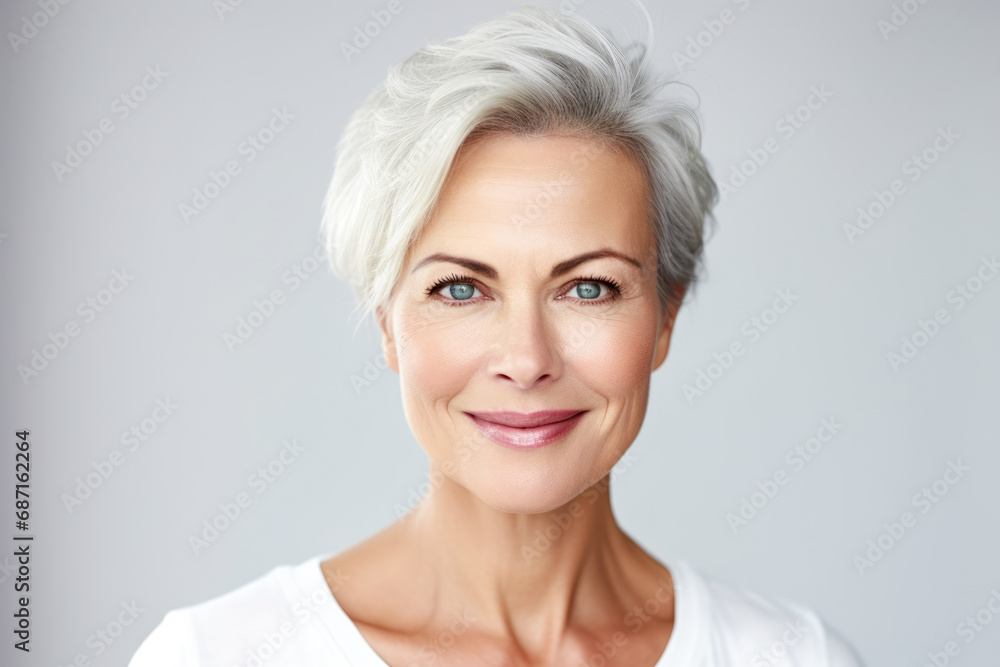 Portrait of a beautiful smiling senior woman with grey hair isolated on grey background. Portrait of a beautiful smiling senior woman with grey hair isolated on grey background.