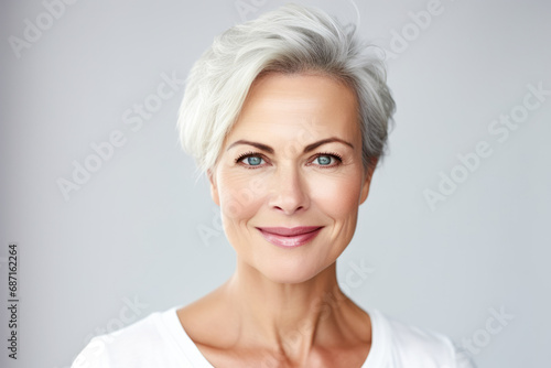 Portrait of a beautiful smiling senior woman with grey hair isolated on grey background.