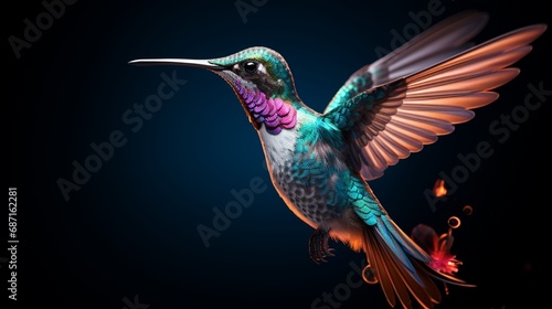 A high-speed shot of a hummingbird in flight, frozen in a moment of grace with wings outstretched. © Ibraheem