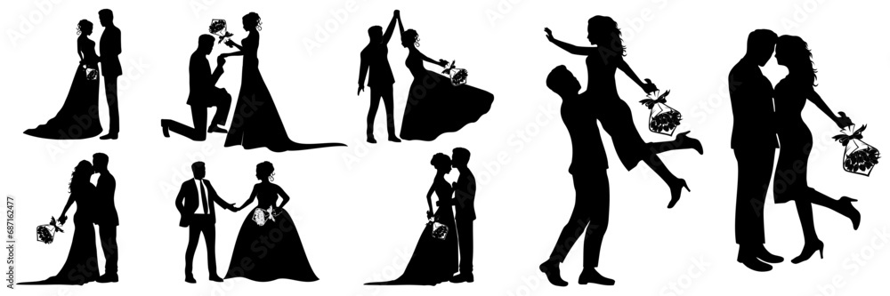set of silhouettes romantice couple - obrazy, fototapety, plakaty 