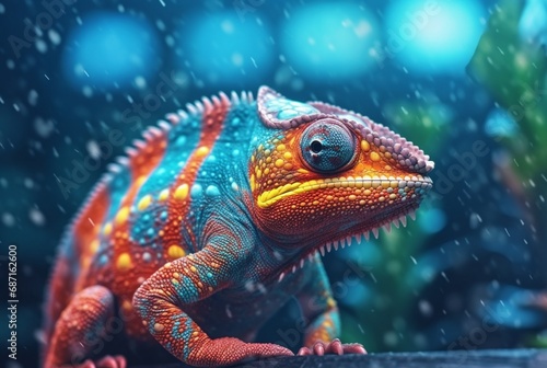 closeup of colorful chameleon in psychedelic. generative ai © LivroomStudio