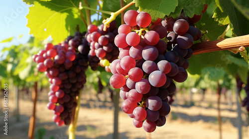 Ripe grapes in a vineyard with a blurred background of rolling hills and a clear sky.