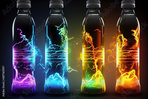 A creative shot of an energy drink bottle, capturing dynamic energy splashes and a vibrant glow. Essence of vitality and the energizing impact of the beverage. photo