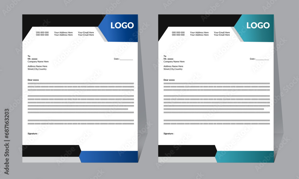 Smooth black and blue color letterhead design for business, corporate, design farm, businessman, business as well as communication way with polygon background